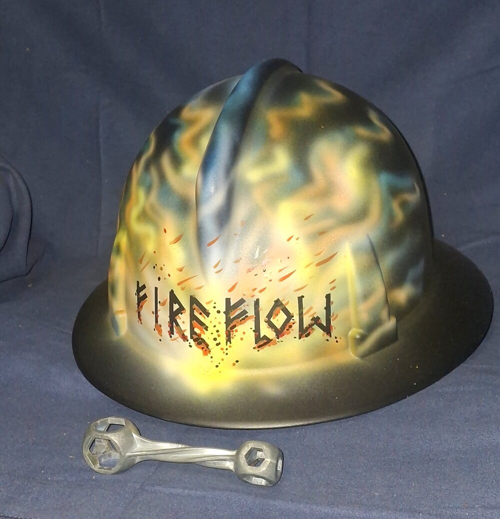 Airbrushed Fire Flow hardhat with yellow flame artwork